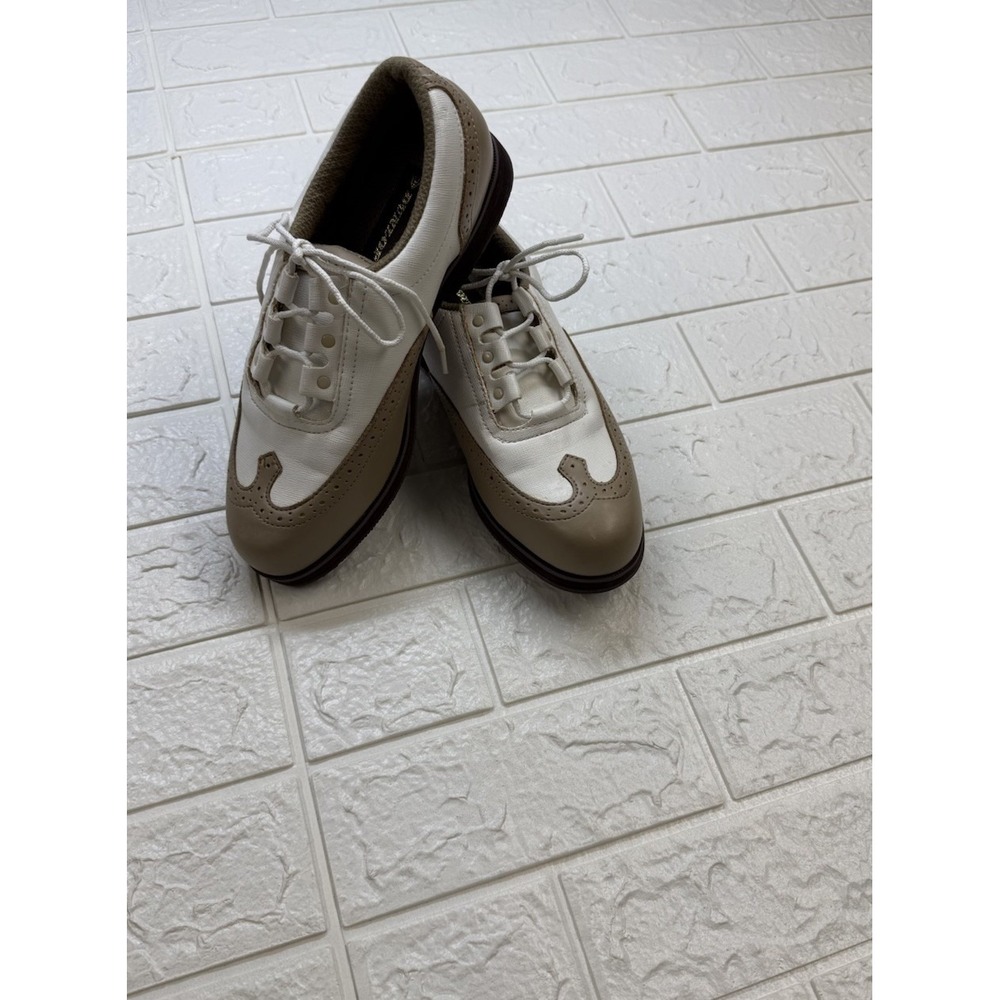 Dunlop Womens Classic Saddle Golf Shoes Cream Brown Spiked Waterproof 7.5 W2800C